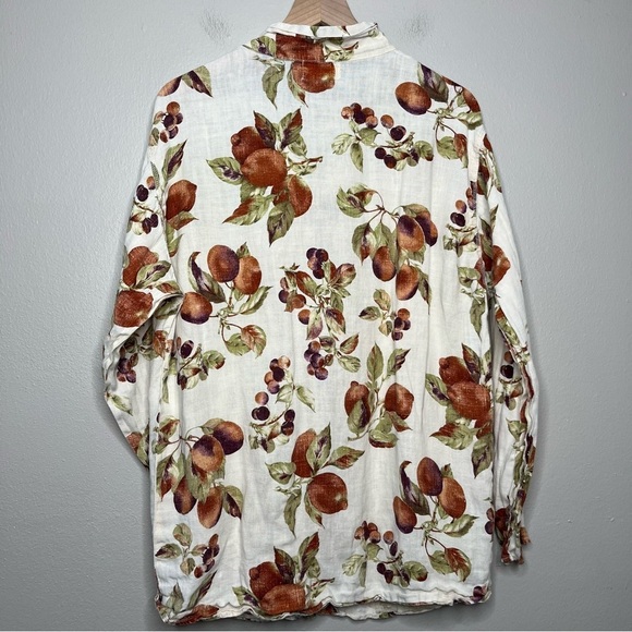 SFCC Women 100% Linen Top Medium White Peaches Novelty Button Down Coastal Tunic - Picture 3 of 8